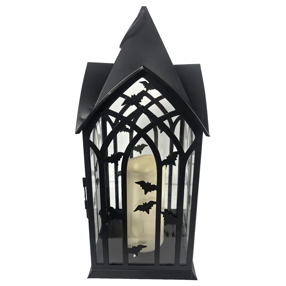 Bella Lux Halloween Gothic Bat Lantern LED Flickering Candle Timer Black 16 Inch
